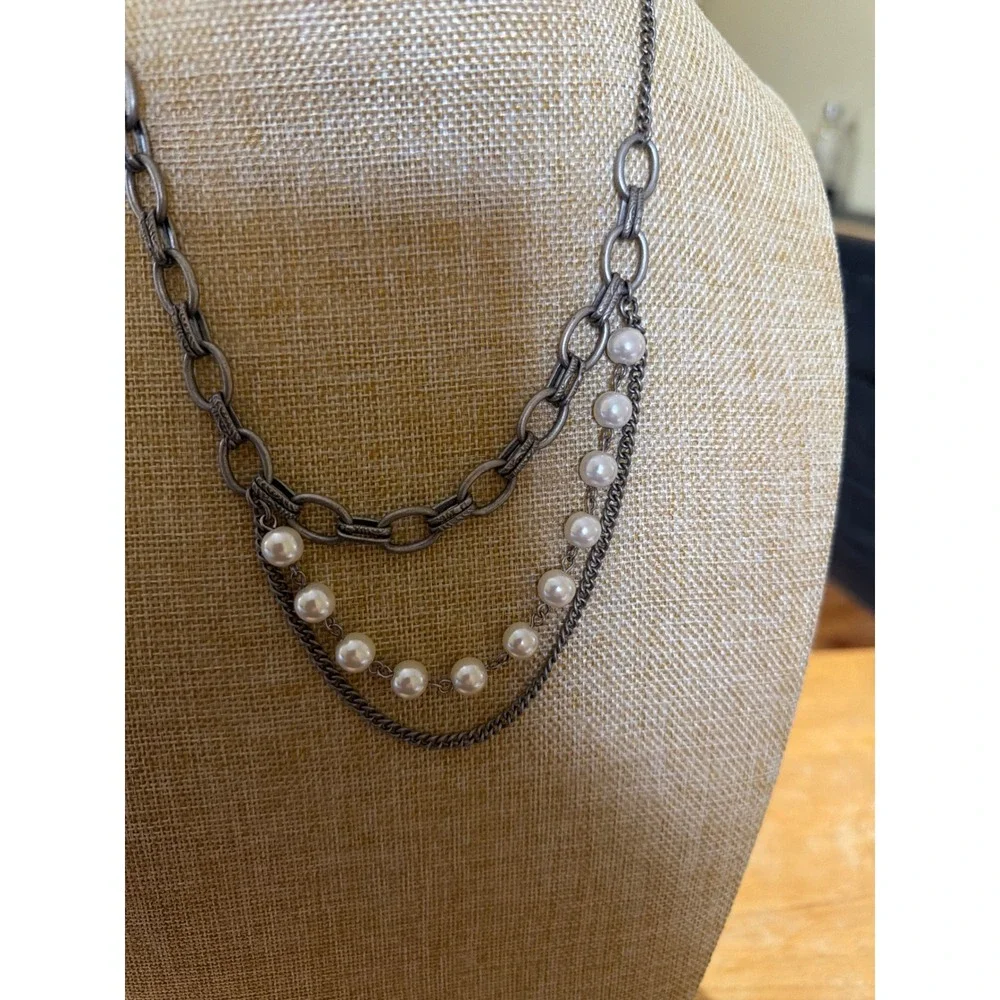 Gunmetal Multi Strand Faux Pearl Layered Chain Necklace EdgyStatement